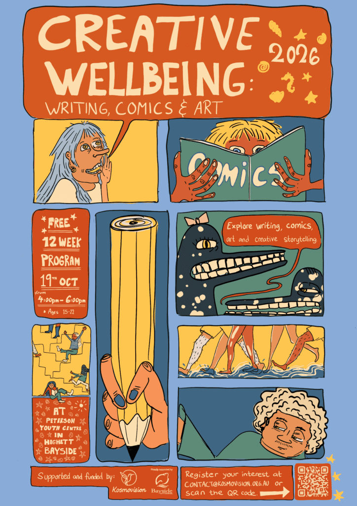 Creative Wellbeing 2026 promotes a free 12-week program in writing, comics, and art for ages 15-22 starting October 19.