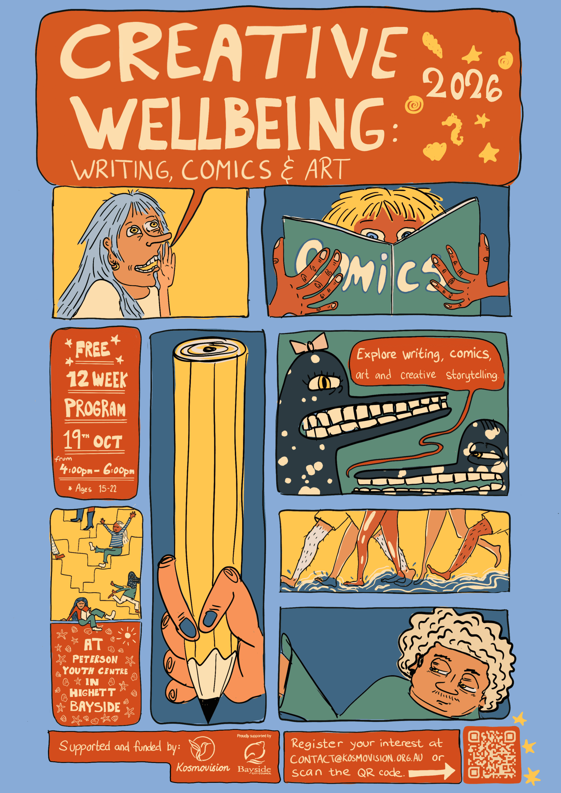 Creative Wellbeing 2026 promotes a free 12-week program in writing, comics, and art for ages 15-22 starting October 19.