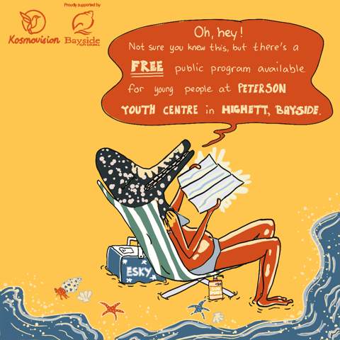 Free public program for youth at Peterson Youth Centre in Highett, Bayside, featuring a relaxed beach-themed illustration.